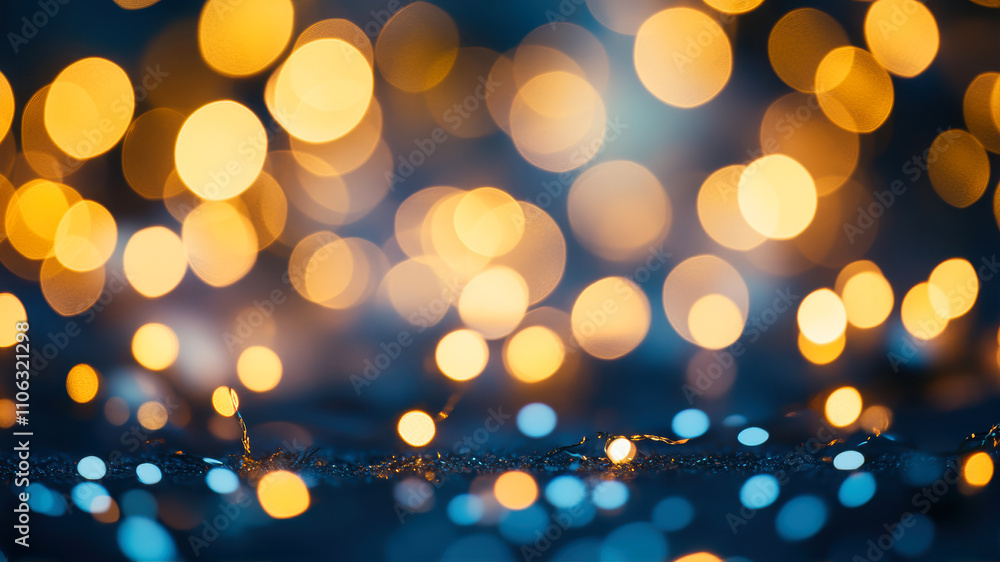 Poster captivating blur of bokeh lights creating a serene atmosphere on a dark blue backdrop at twilight