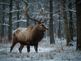 Majestic creature navigating a wintry scene with impressive antlers.