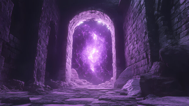 Glowing cosmic phenomena and mystical portal in enchanted eldritch ruins. Eldritch. Illustration