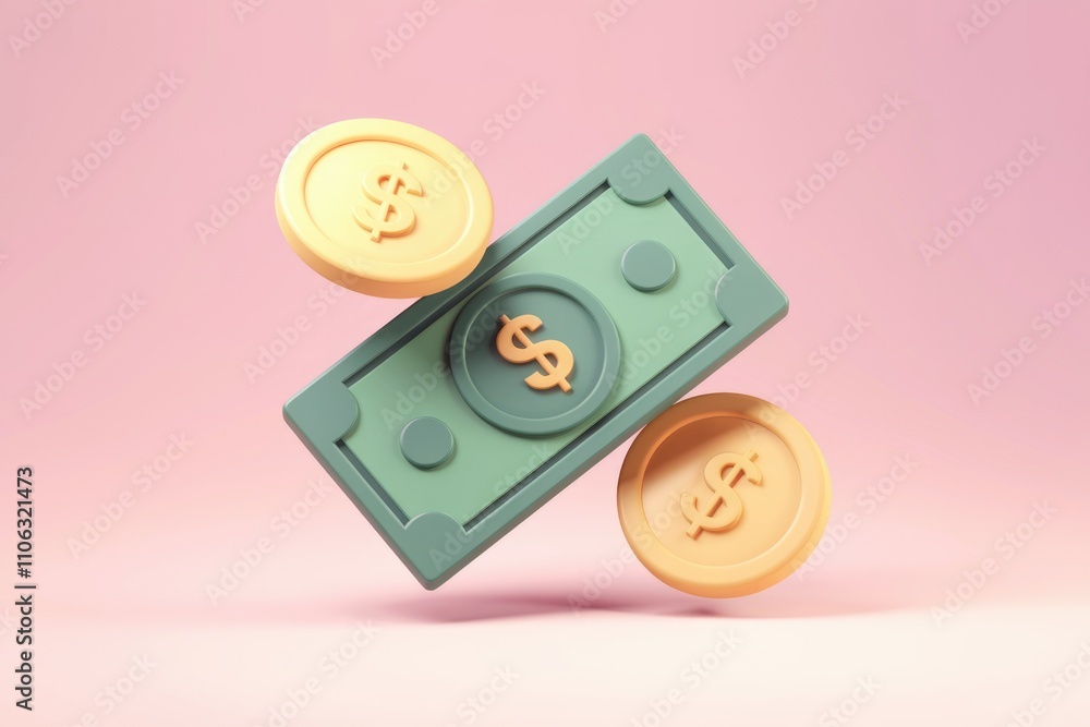 Poster 3d render of a dollar bill and coins falling on a pink background