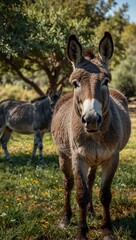 Fototapeta premium Majestic donkeys and a horse in nature, showcasing wildlife.