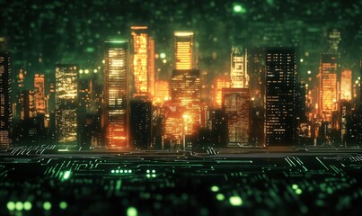 Futuristic city skyline illuminated on a circuit board