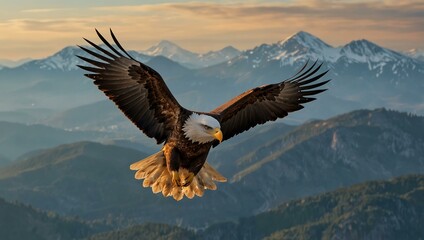 Fototapeta premium Majestic eagle soaring over a mountain ridge.