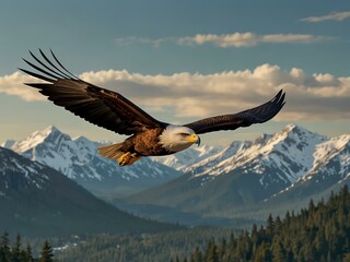 Obraz premium Majestic eagle soaring over the mountains in a card-style art.