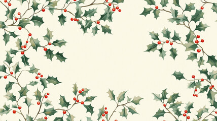 Holly and berry christmas border pattern with open center on cream background