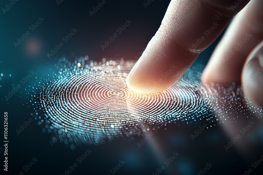Poster close-up of finger touching digital fingerprint on touchscreen with abstract light effects