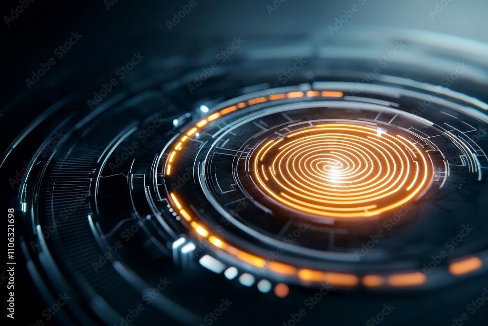 Poster futuristic digital interface with glowing orange circular pattern