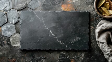 Blank black slate board and napkin on grey hexagonal ceramic tile for displaying food or products with copy space in top view.