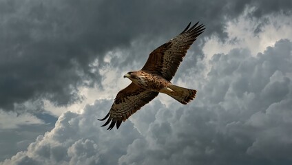 Obraz premium Majestic hawk soaring through a cloudy sky.