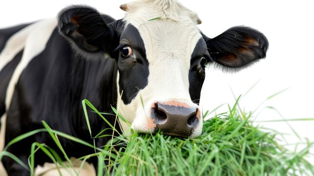 A close-up view of a cow munching on some fresh grass