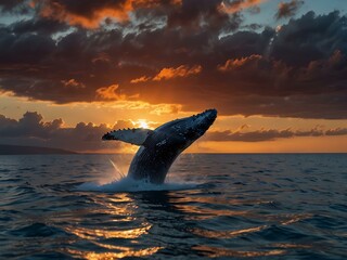 Fototapeta premium Majestic humpback whale breaching at sunset, silhouetted against vibrant clouds and water.