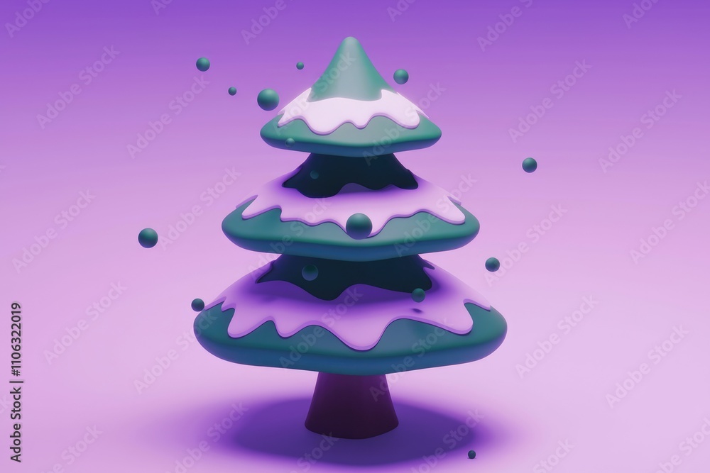 Poster A charming 3D rendering of a cartoonish Christmas tree adorned with snow and falling ornaments