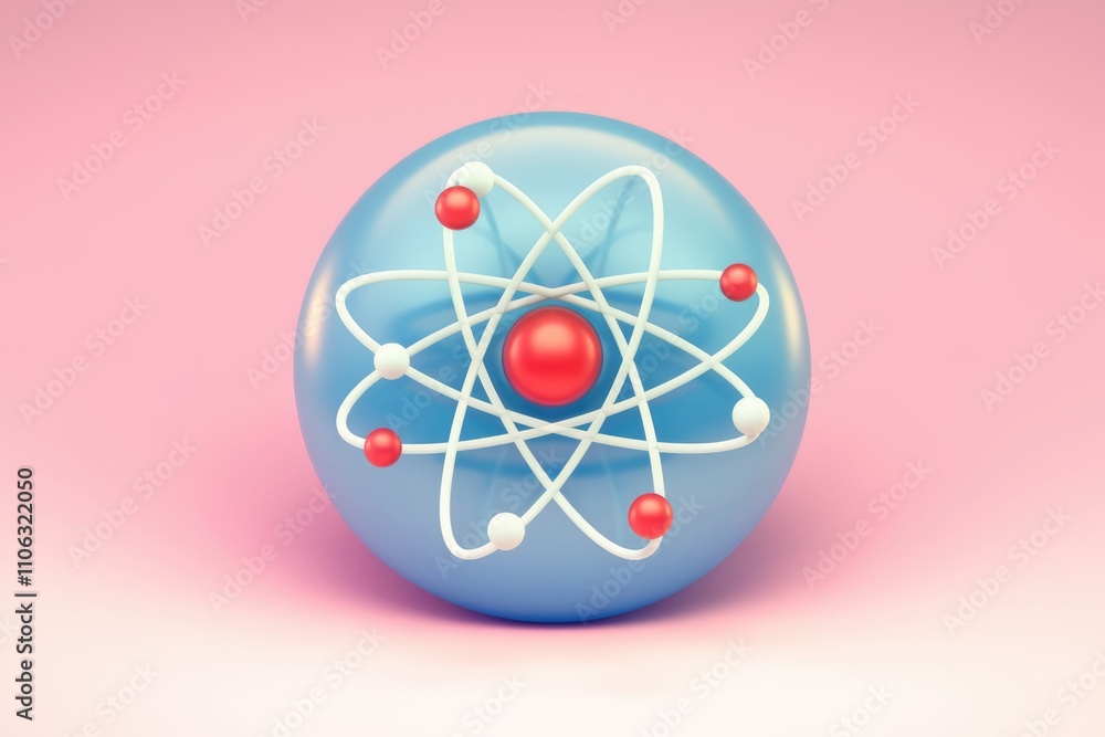Poster a stylized 3d model of an atom featuring a central nucleus and orbiting electrons
