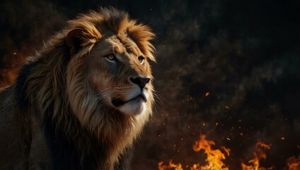 Naklejka premium Majestic lion engulfed in flames, with fiery mane, standing against a dark background.
