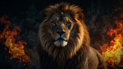 Majestic lion engulfed in flames, with fiery mane, standing against a dark background.