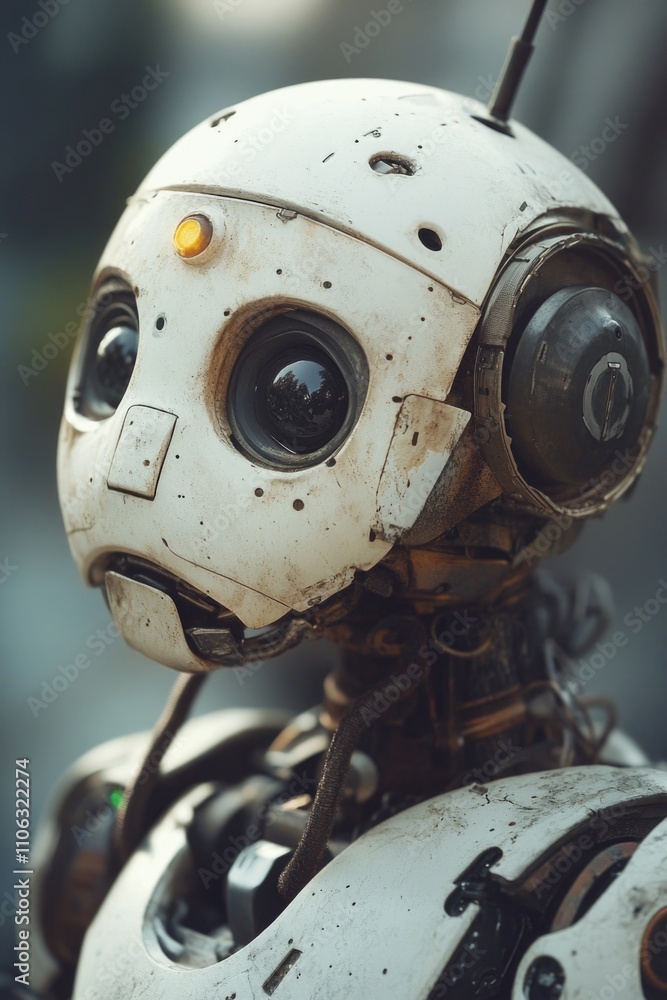 Poster a close-up view of a robot's face with glowing blue eyes