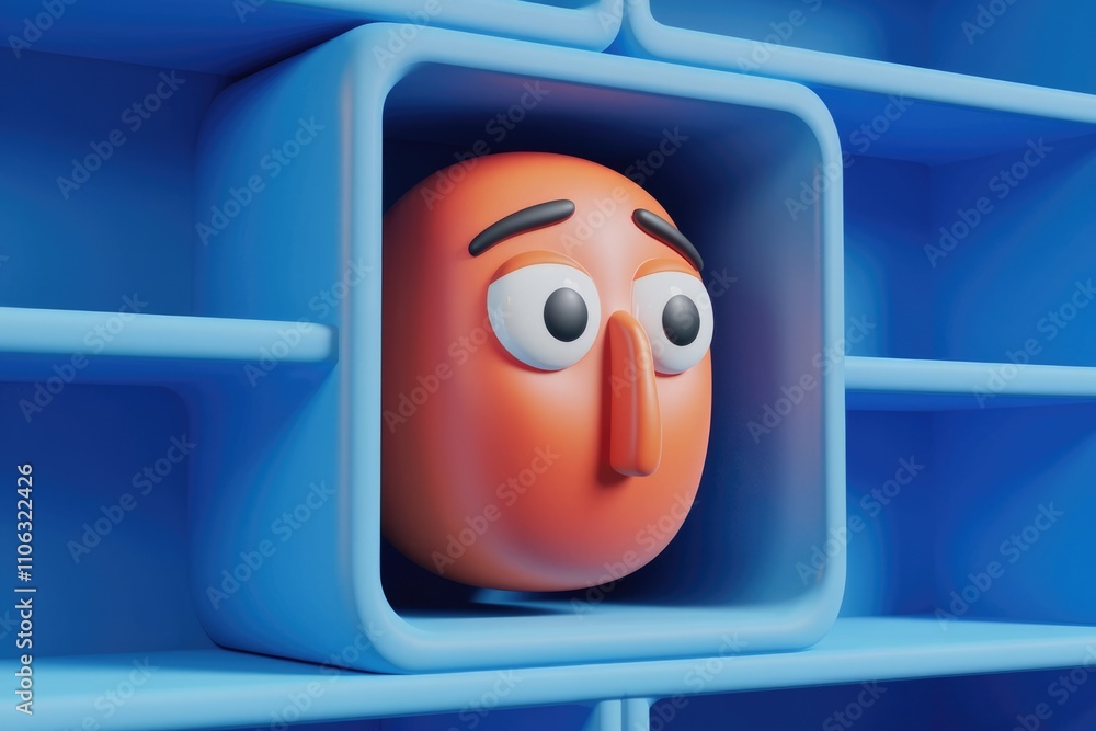 Poster a 3d rendered orange emoticon with a worried expression is seen peeking from a blue cubbyhole