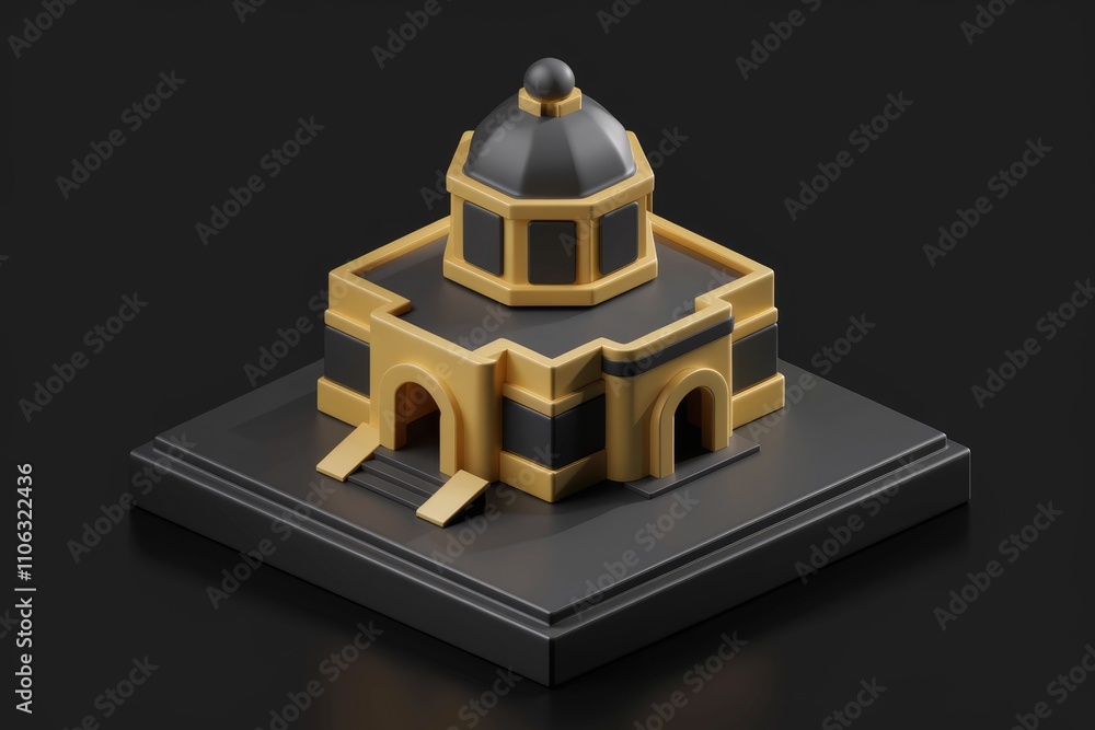 Poster isometric 3d render of a stylized golden building with a black dome on a dark base