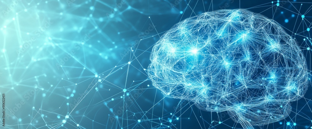 Poster visual representation of a human brain filled with glowing neural connections, set against a blue ba