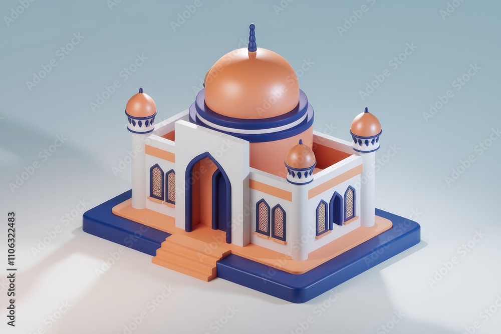Poster A 3D model of a mosque  showcasing intricate details and a peach and blue color scheme