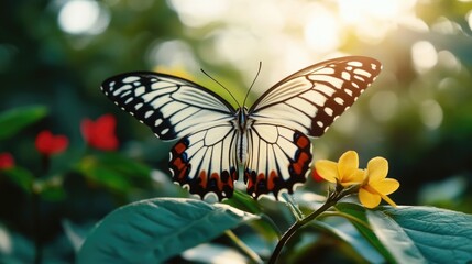 A black and white butterfly sits on a bright yellow flower, highlighting the striking color contrast