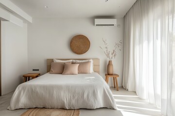 Minimalist bedroom with natural light and neutral tones.