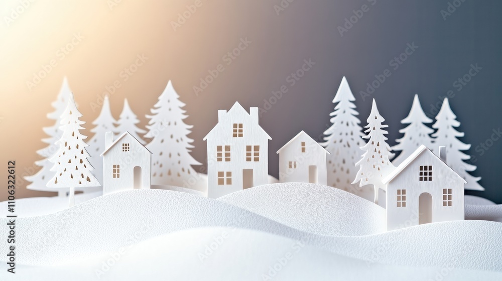 Poster a charming christmas village made of delicate paper cuts features quaint houses and pine trees, crea