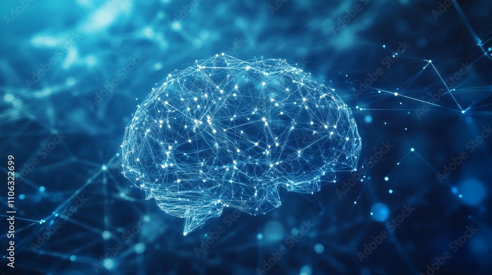 Poster an intricate digital brain model illustrates neural connections and activity, surrounded by glowing 