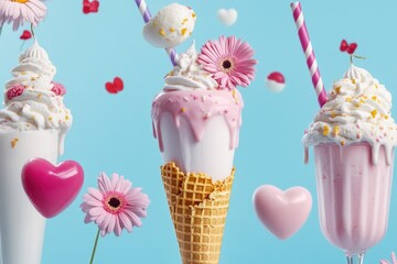 A collection of colorful ice cream sundaes with pink and white toppings