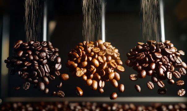 Light, medium, and dark roast coffee beans pouring from a modern roaster, perfectly displaying their unique color spectrum