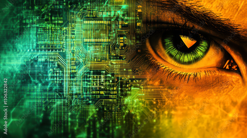 Poster exploring digital realms with abstract technology connections in vibrant color