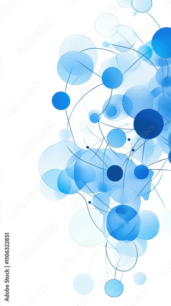 Poster abstract blue circles connected by lines on a white background create a dynamic flow, ai