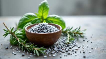 Celtic sea salt flakes scattered on a wooden surface with sprigs of rosemary.