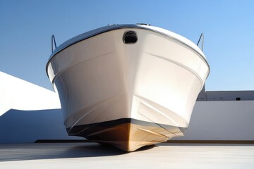 A large white boat sitting on a cement floor, perfect for an industrial or urban themed project