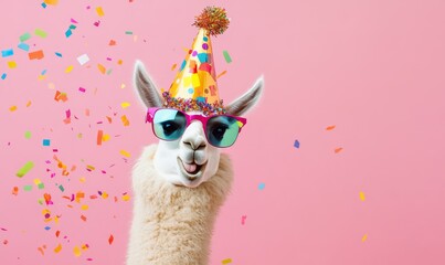 Llama in a colorful party hat and sunglasses with confetti on a pink background. Fun, quirky celebration with a humorous twist.