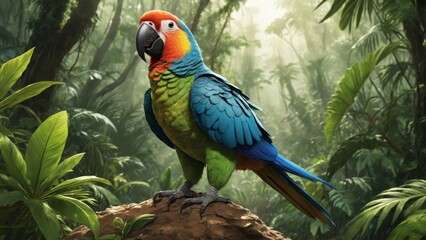 Obraz premium Vibrant parrot perched on a mossy rock amidst the lush greenery of a tropical rainforest
