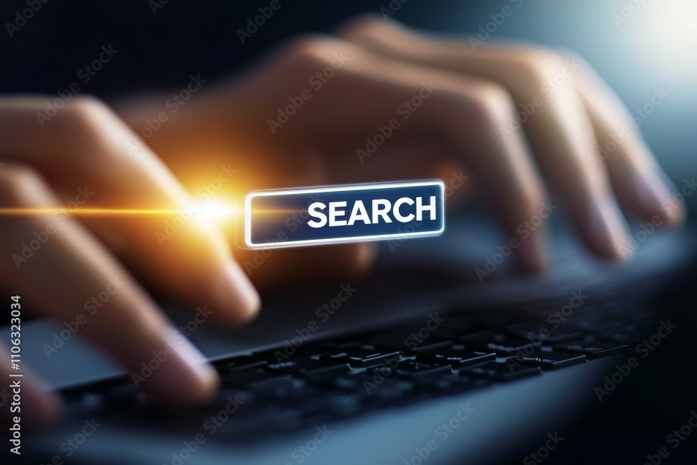 Poster hands typing on keyboard with search bar and light beam focus
