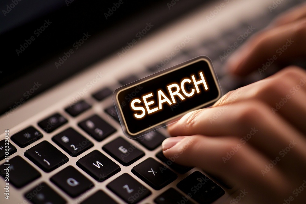 Poster close-up of hands typing on laptop keyboard with illuminated search icon