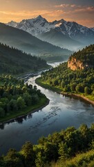 Fototapeta premium Majestic mountain range overlooking a serene river valley.