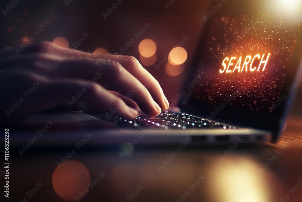 Poster hand typing on laptop keyboard in search mode with bokeh lights