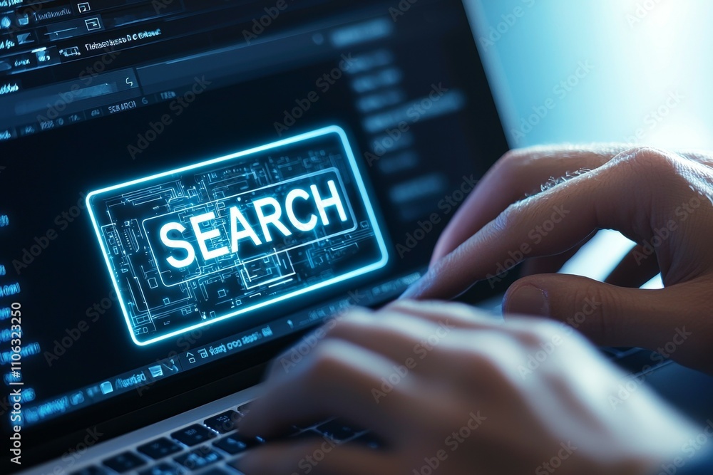 Poster hands typing on laptop keyboard with glowing search icon in technology interface