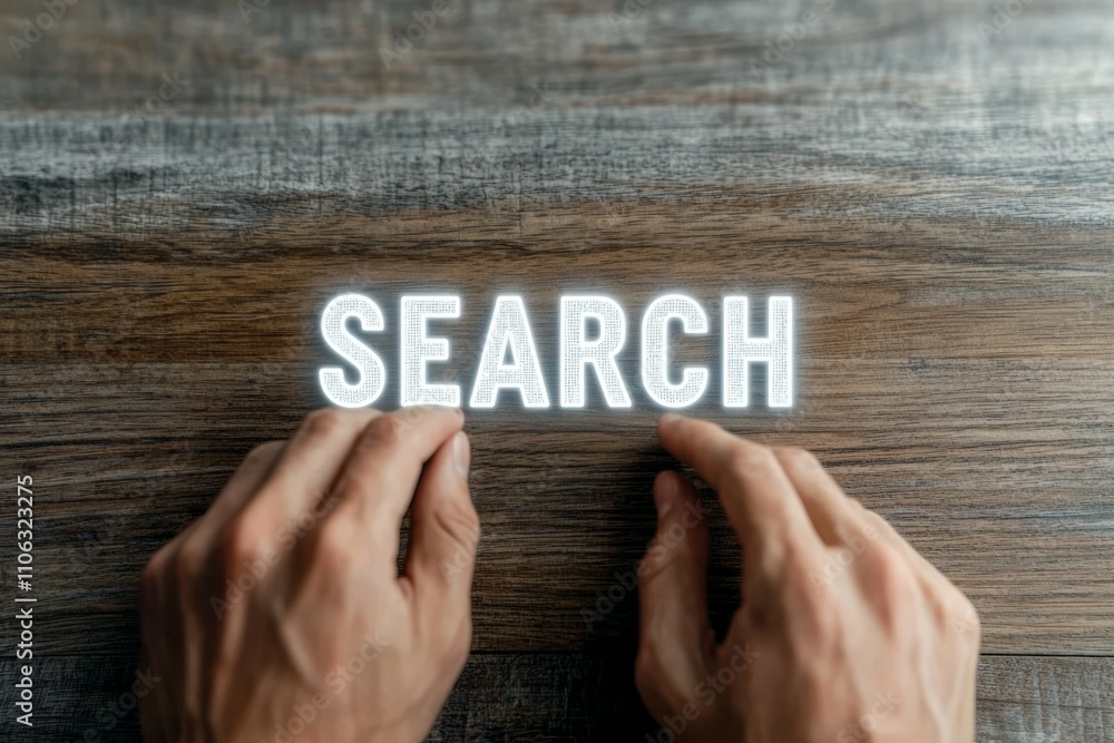 Poster hands hovering over search text on wooden surface