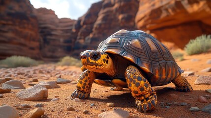 Tortoise walking in a desert canyon.