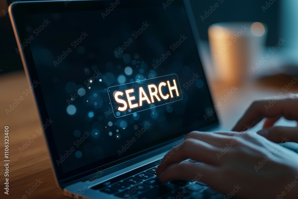 Poster hands typing on laptop with illuminated search button in dimly lit room