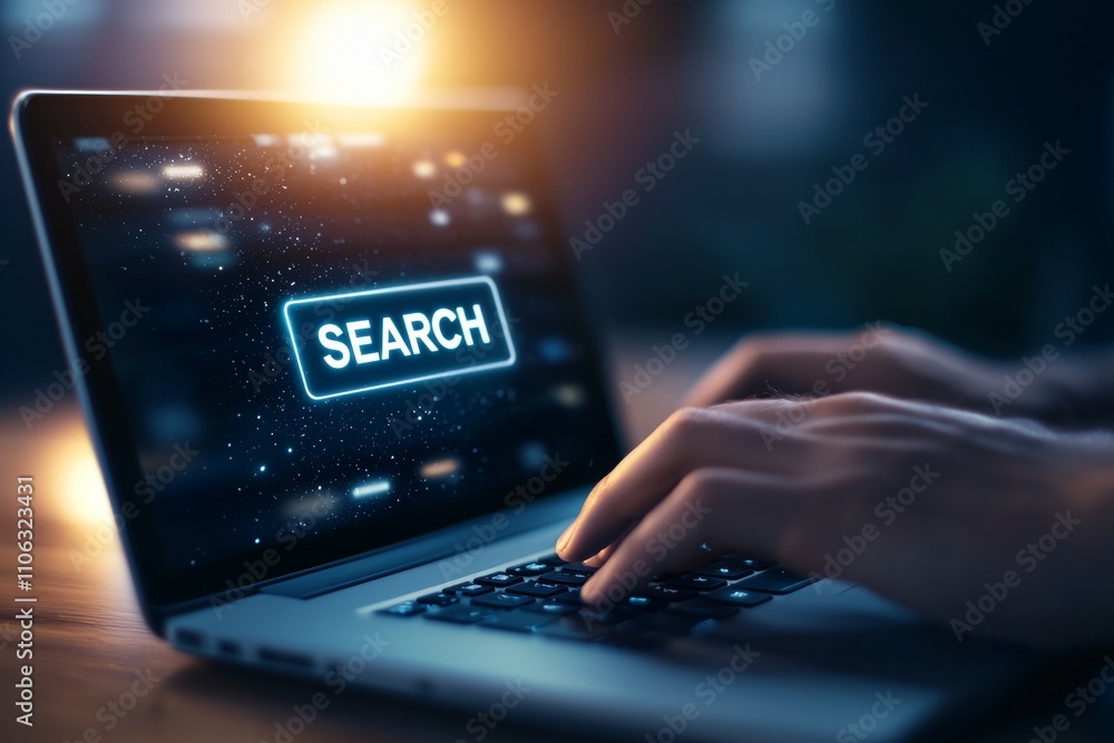 Poster close-up of hands typing on laptop with search button on screen