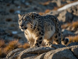 Fototapeta premium Majestic snow leopard prowling rocky terrain.