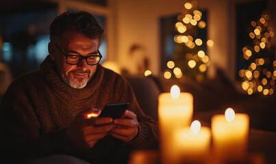 Man using smartphone in a warm, cozy atmosphere with glowing candlelight in the background
