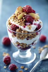 A colorful dessert featuring yogurt topped with fresh raspberries and crunchy granola
