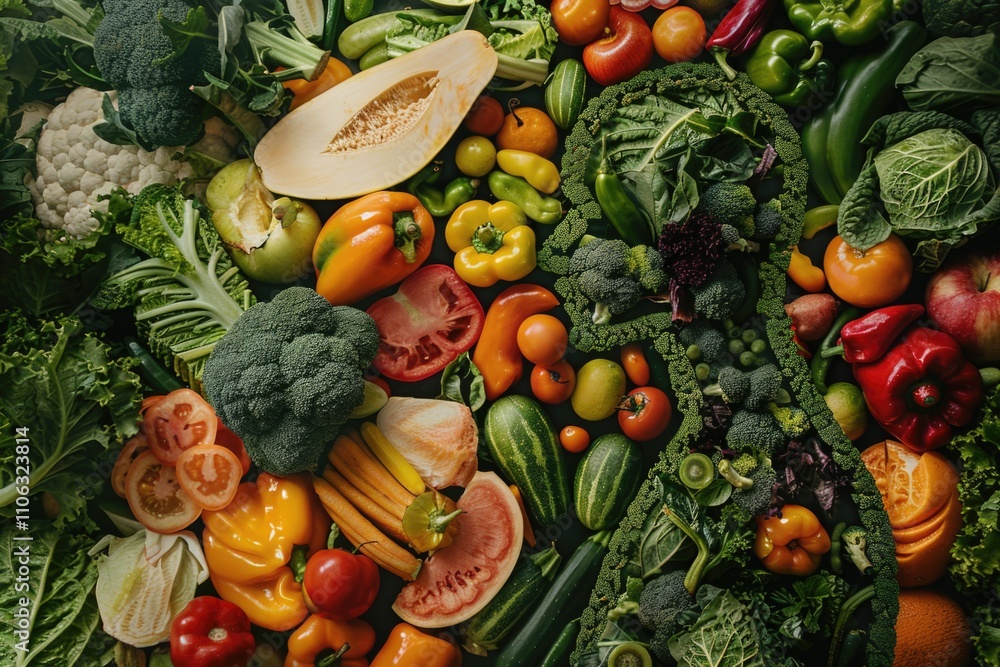 Poster a colorful display of various fruits and vegetables on a table or stand