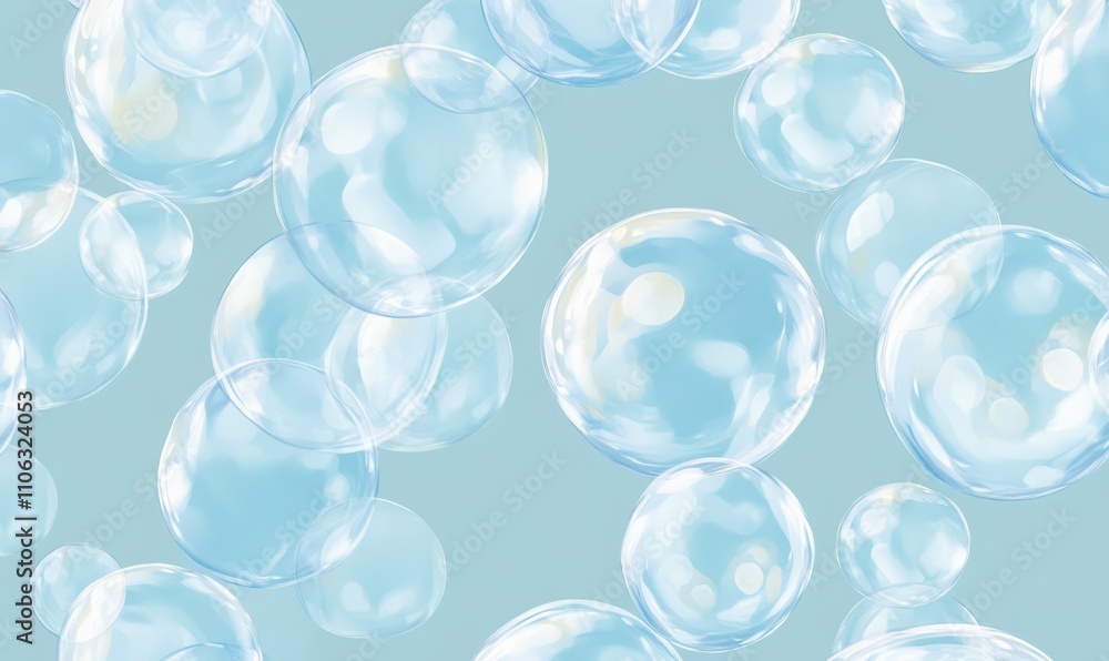 Poster seamless pattern of transparent soap bubbles floating against a light blue background, creating a pl